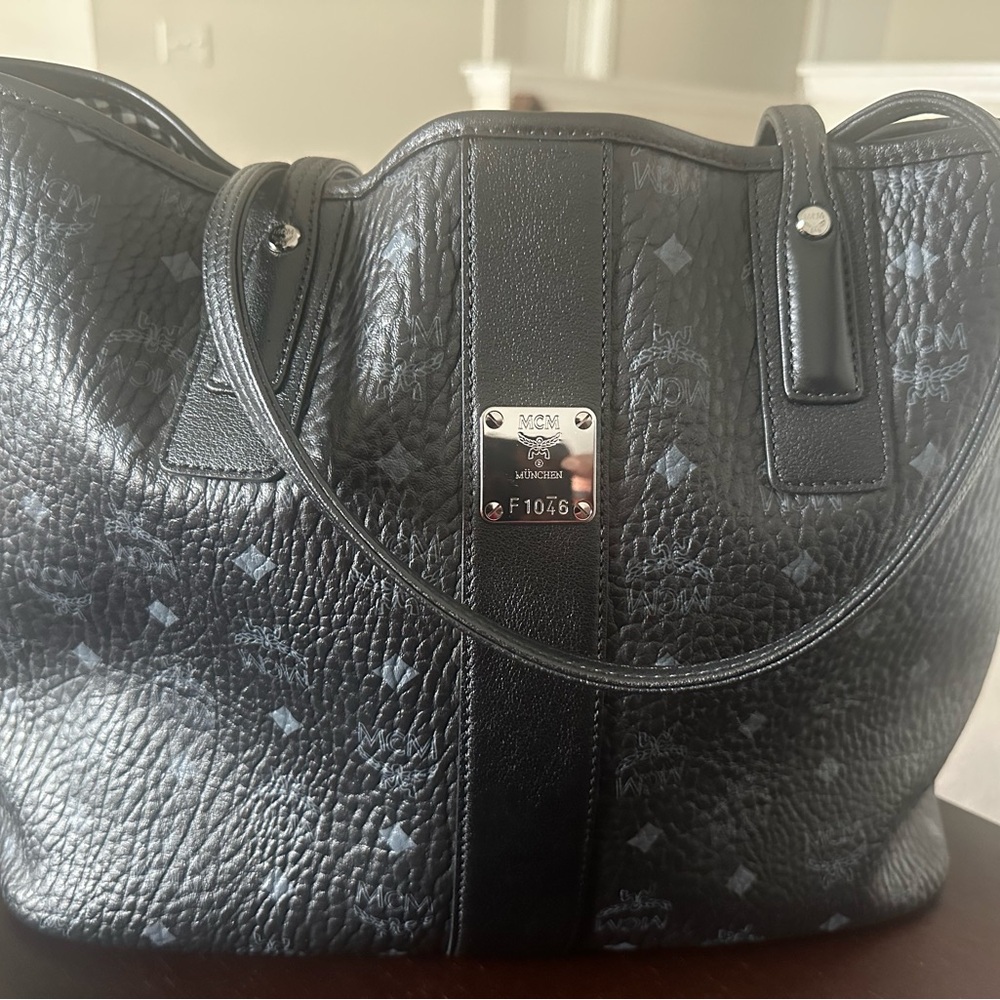 MCM Medium Liz Reversible Black Pebbled Leather Tote with Silver Hardware